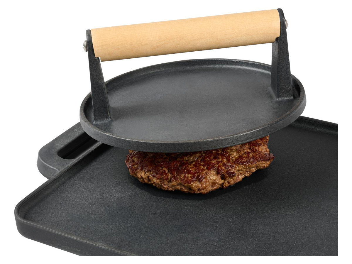 Poêle à griller + plat de service / presse à burger lisse / presse à burger rainurée