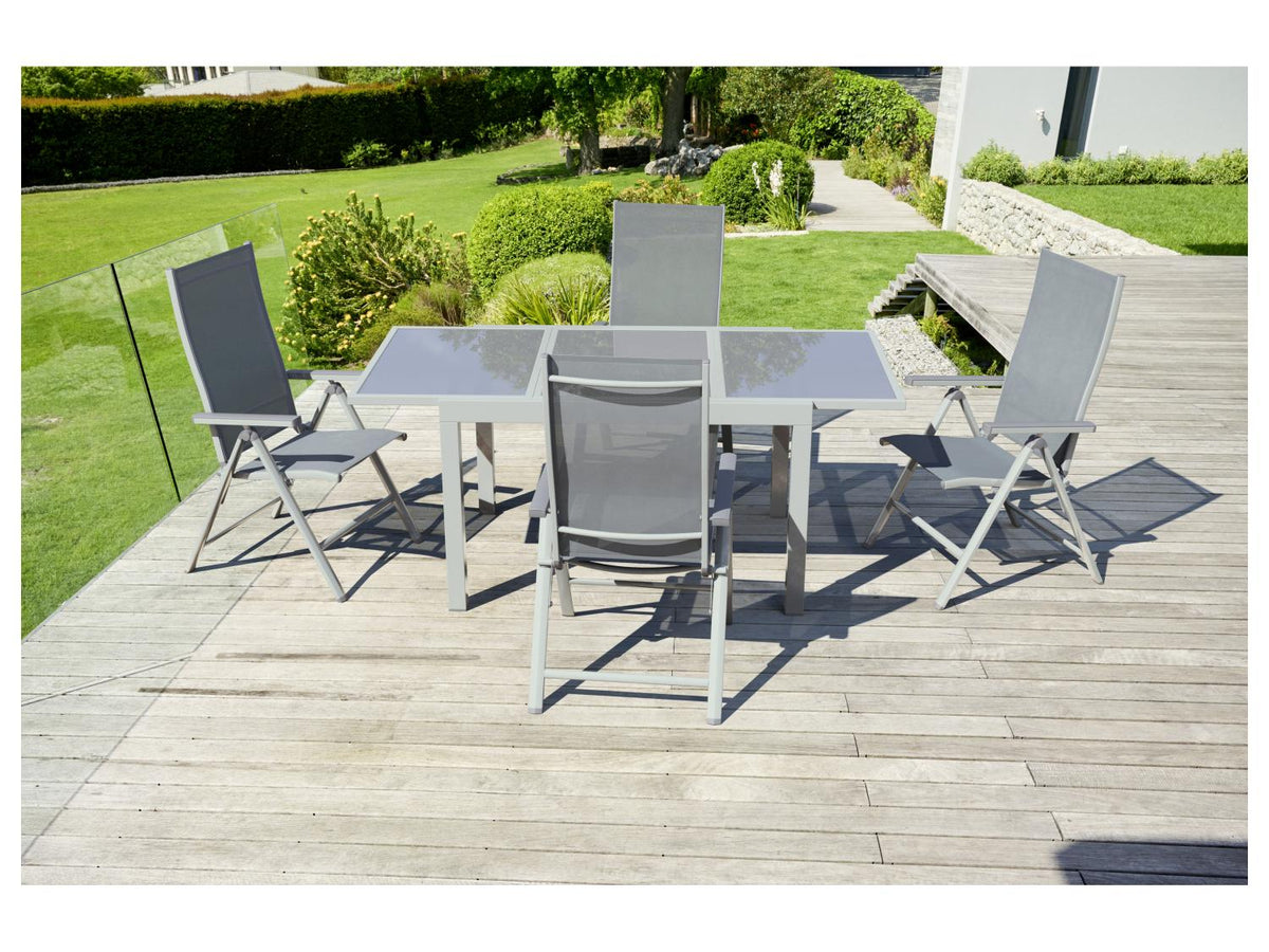 Ensemble en alu « Houston », 5 pièces - table extensible & 4 fauteuils pliants, blanc
