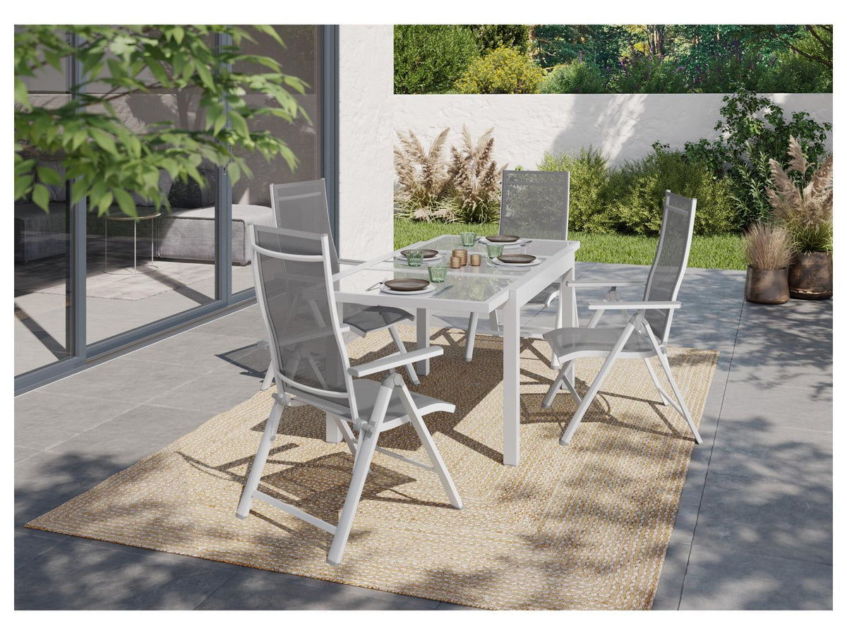 Ensemble en alu « Houston », 5 pièces - table extensible & 4 fauteuils pliants, blanc