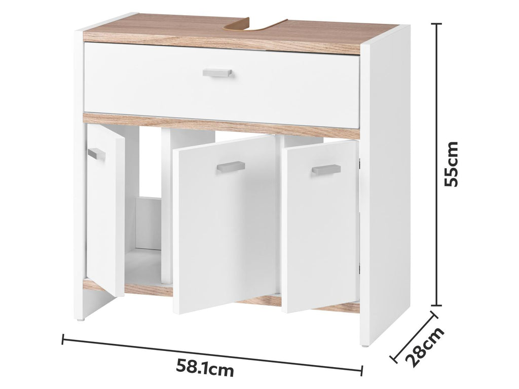 Meuble sous-vasque Boston, 58,1 x 55 x 28 cm, blanc/imitation chêne