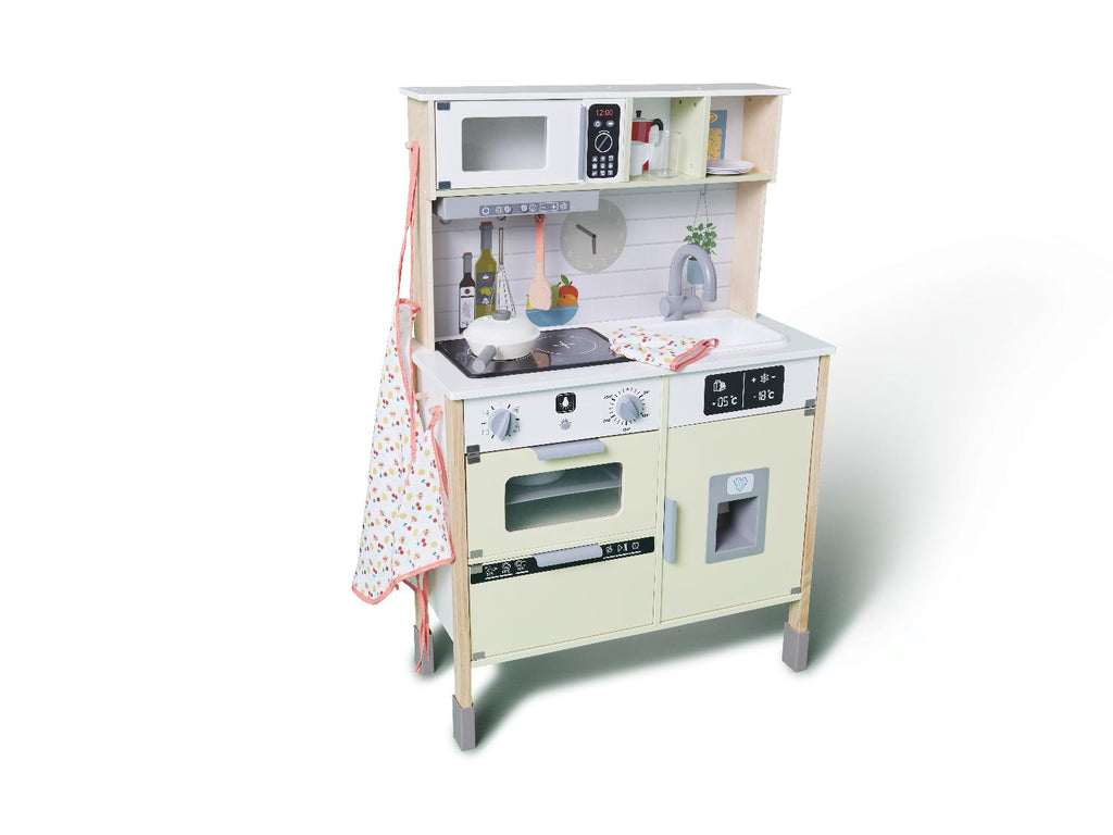 Cuisine en bois, réglable en hauteur sur 3 positions, avec dos utilisable