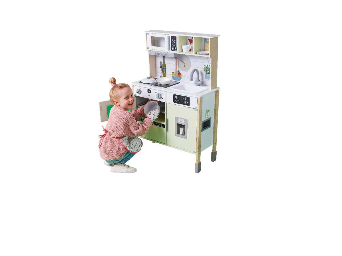 Cuisine en bois, réglable en hauteur sur 3 positions, avec dos utilisable