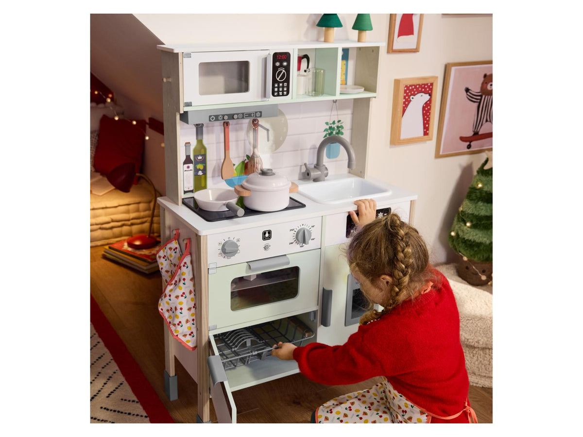 Cuisine en bois, réglable en hauteur sur 3 positions, avec dos utilisable