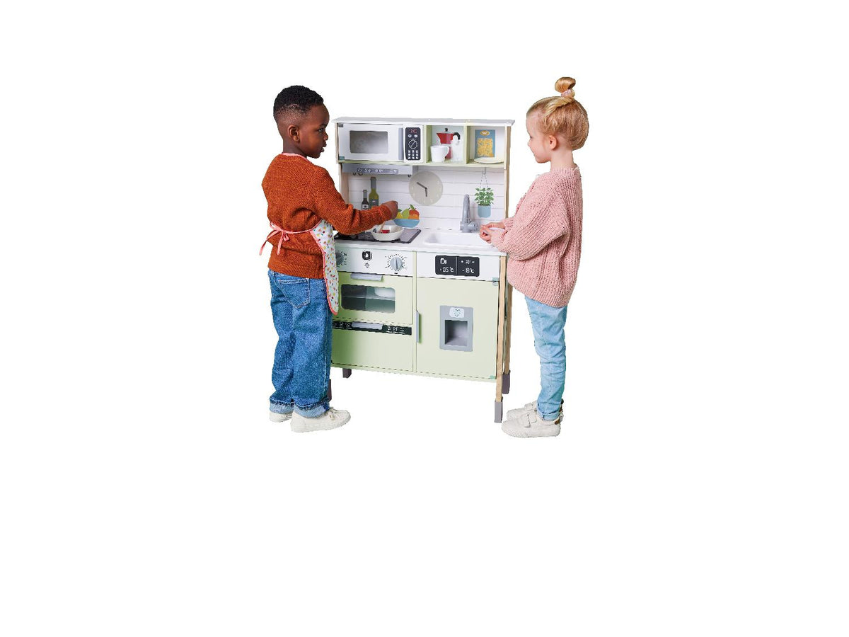 Cuisine en bois, réglable en hauteur sur 3 positions, avec dos utilisable