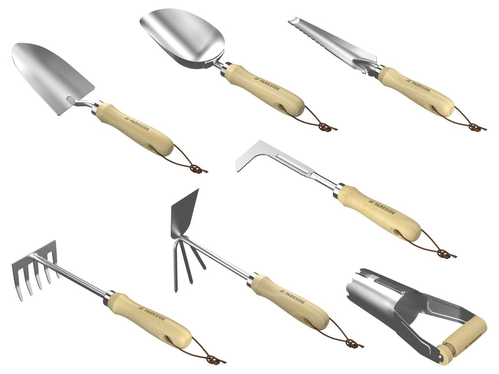 Transplantoir / Pelle à terre / Couteau à désherber / Râteau / Grattoir à joints en L / Double serf-houe / Planteur automatique