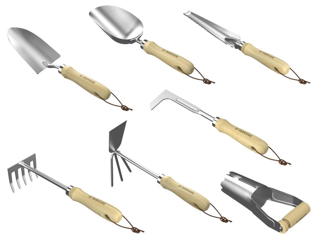 Transplantoir / Pelle à terre / Couteau à désherber / Râteau / Grattoir à joints en L / Double serf-houe / Planteur automatique