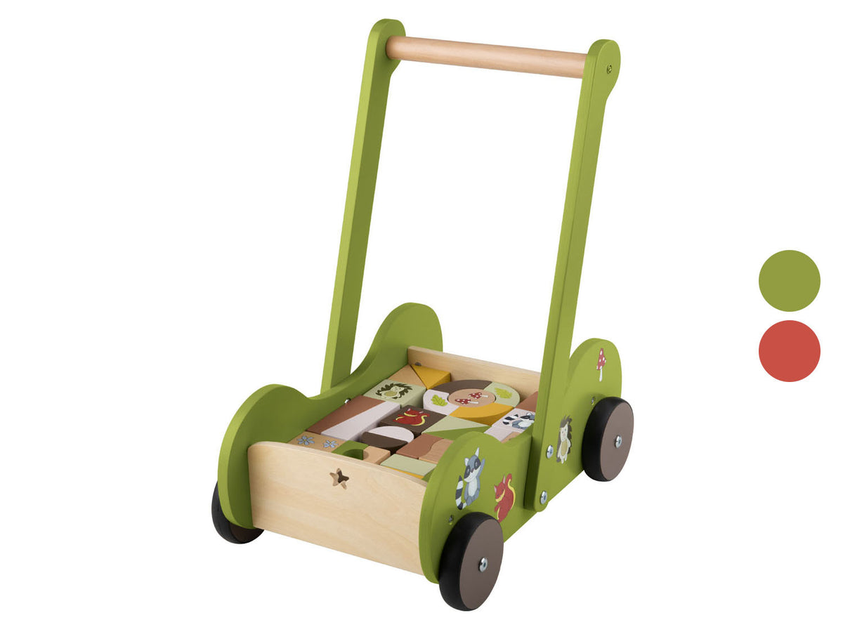 Poussette en bois, avec 30 blocs de construction en bois