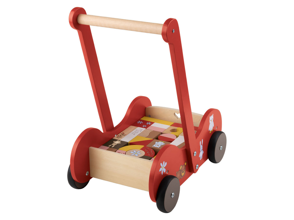 Poussette en bois, avec 30 blocs de construction en bois