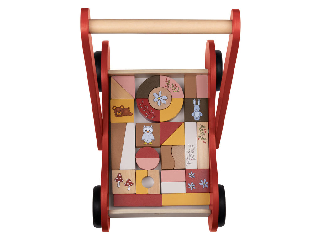 Poussette en bois, avec 30 blocs de construction en bois