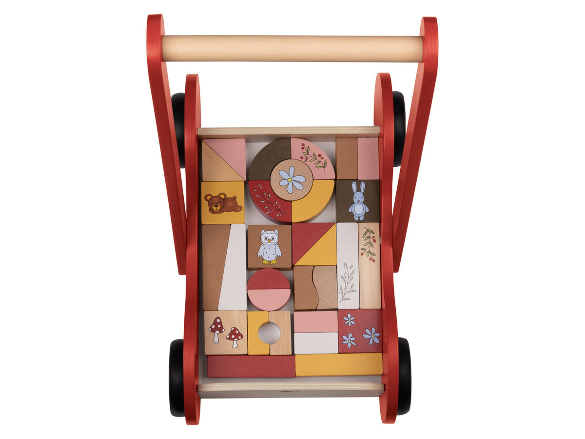 Poussette en bois, avec 30 blocs de construction en bois