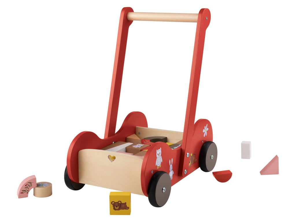Poussette en bois, avec 30 blocs de construction en bois