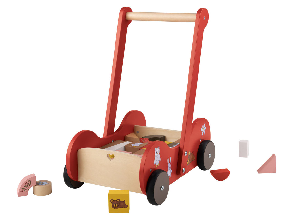 Poussette en bois, avec 30 blocs de construction en bois