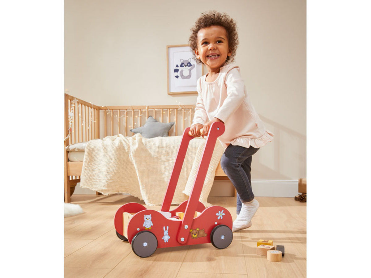Poussette en bois, avec 30 blocs de construction en bois