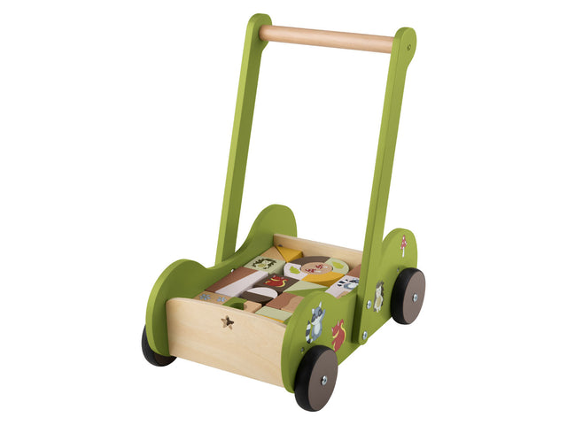Poussette en bois, avec 30 blocs de construction en bois