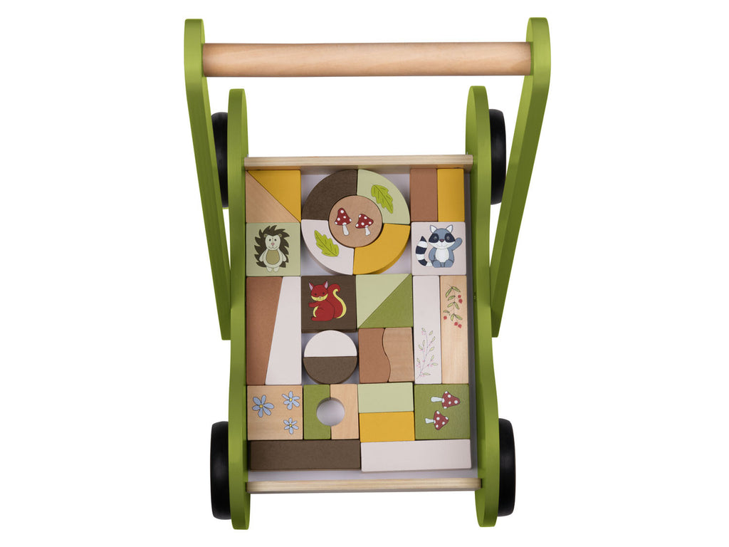 Poussette en bois, avec 30 blocs de construction en bois