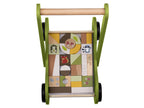 Poussette en bois, avec 30 blocs de construction en bois