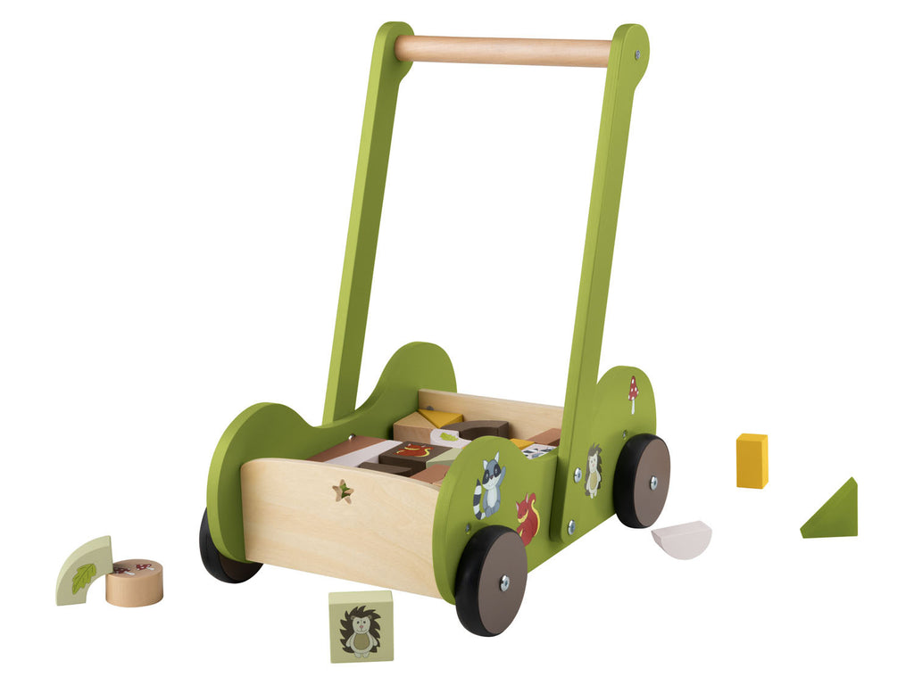 Poussette en bois, avec 30 blocs de construction en bois