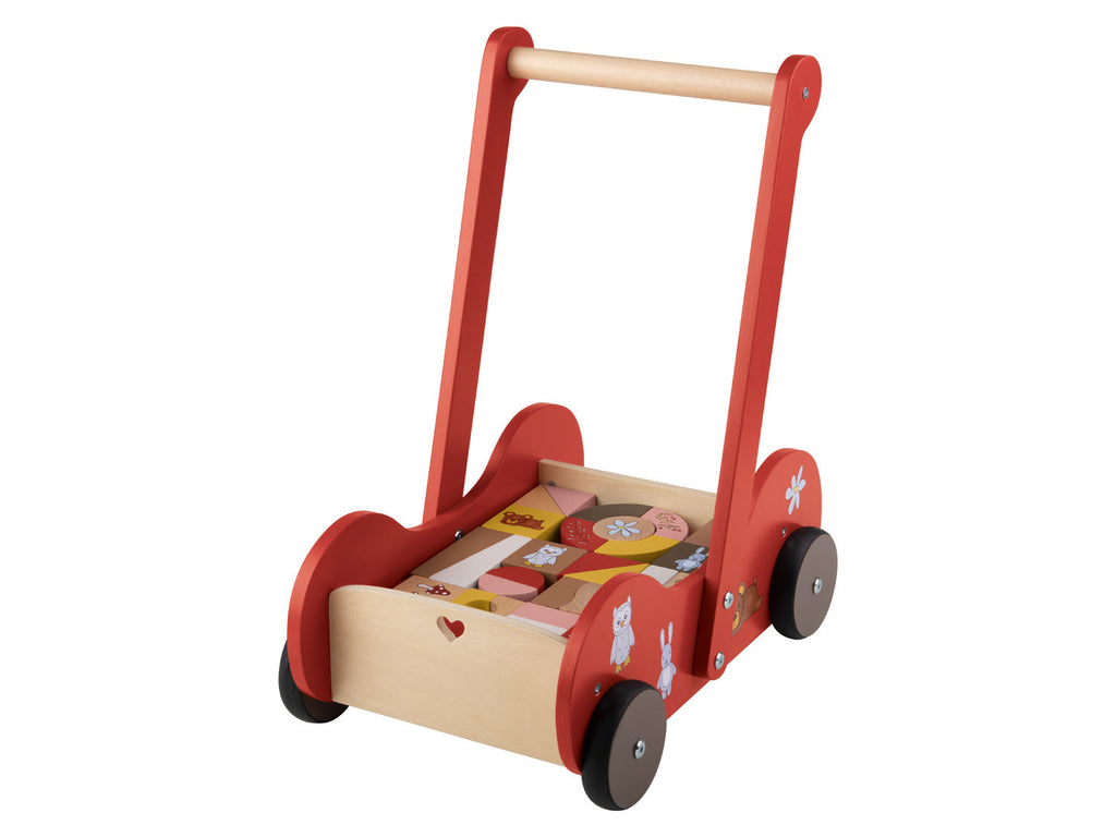 Poussette en bois, avec 30 blocs de construction en bois