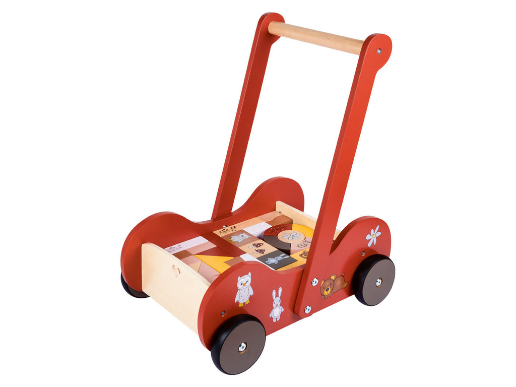 Poussette en bois, avec 30 blocs de construction en bois